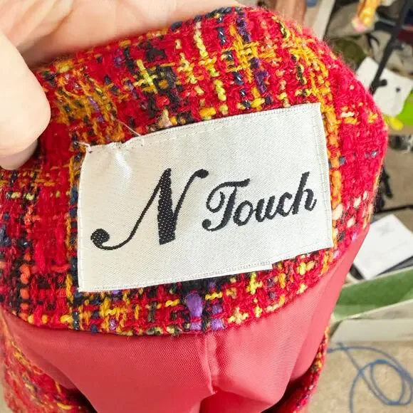 Vintage 90s N Touch Red Plaid Tweed Blazer/Top Women's M/L Button Up Crew Neck - Picture 5 of 6